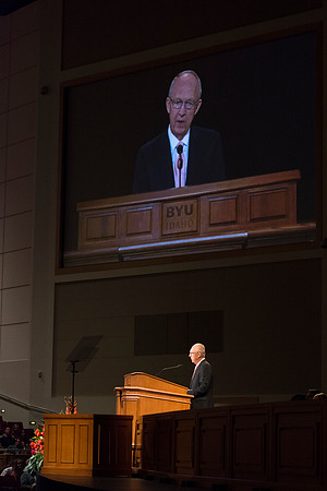 Elder Don R. Clarke, Emeritus General Authority, speaks at devotional.