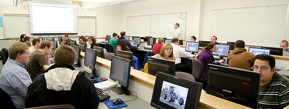 Sean Cannon teaches Geography 230 Intro to Geographic Info Systems.  In class today students were downloading a Google map zoomed into Rexburg then identifying streets in a new layer to create a local
