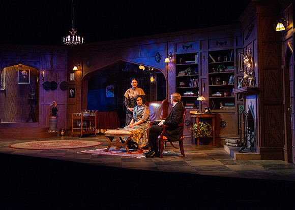 Drama dress rehearsal for the Blithe Spirit play in the Snow theater.