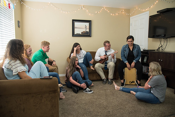 Roommates at BYU-Idaho's Nauvoo House Apartments enjoy each other's company.