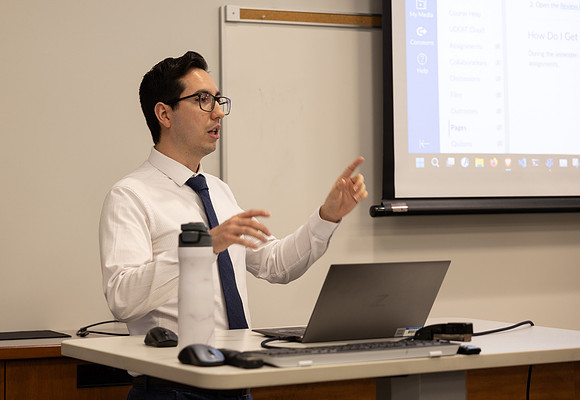 A professor teaches in the Science and Technology Center on the first day of Winter Semester.