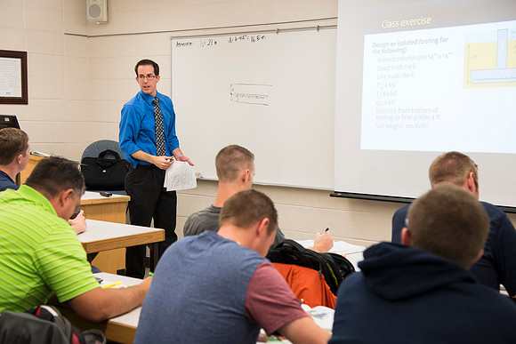 Students in a Civil Engineering class, Reinforced Concrete Design, are taught by Nathan Harris.