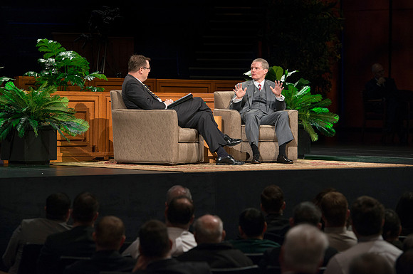 President Gilbert and Elder David A. Bednar Have a Q&A style meeting for the BYU-Idaho employees. Elder Bednar was the President during the transition of Ricks College to BYU-Idaho.