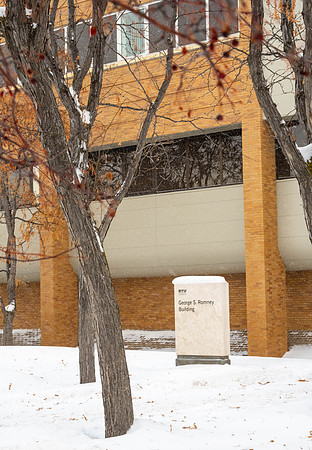 The George S. Romney Building after a light snow fall.