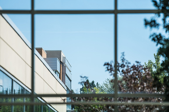 The Manwaring Student Center, shot through a window of the I-Center on BYU-Idaho campus, Summer Break.