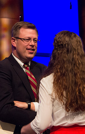 Clark Gilbert speaks to a BYU-I student after devotional. Taken by Erik Hill