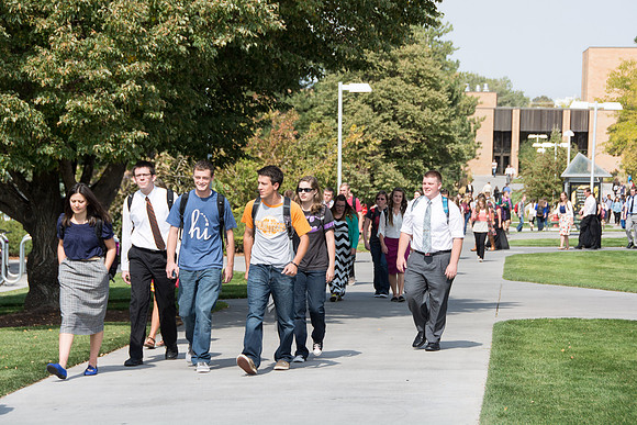 Students gather to listen to President and Sister Clark talk in the i-Center for the first devotional of the semester.