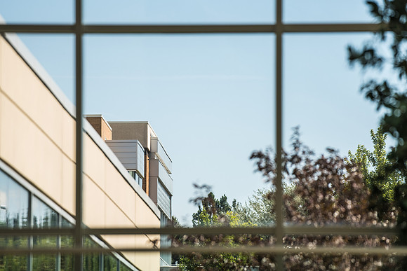 The Manwaring Student Center, shot through a window of the I-Center on BYU-Idaho campus, Summer Break.