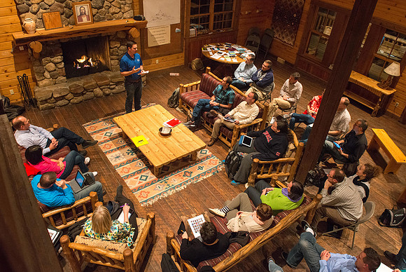 Retreat for teachers at the Sky Mountain Lodge in Victor, Idaho. Participants share a favorite book.