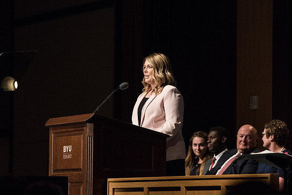 BYU-Idaho Devotional. Amy LaBaugh welcoming the students. Spring Semester