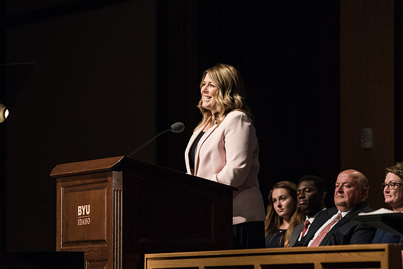 BYU-Idaho Devotional. Amy LaBaugh welcoming the students. Spring Semester