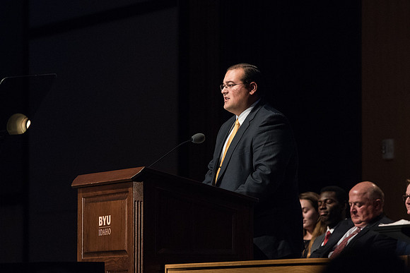 BYU-Idaho Devotional. Student sharing a Scripture. Summer Session.