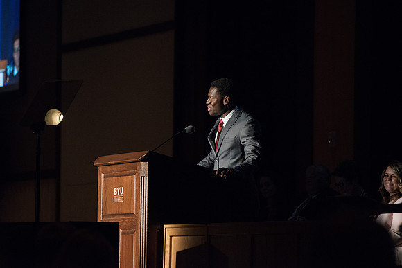 BYU-Idaho Devotional. Kenneth Ato Brown sharing a message before Mary Ann Birch, the guest speaker. Summer Session