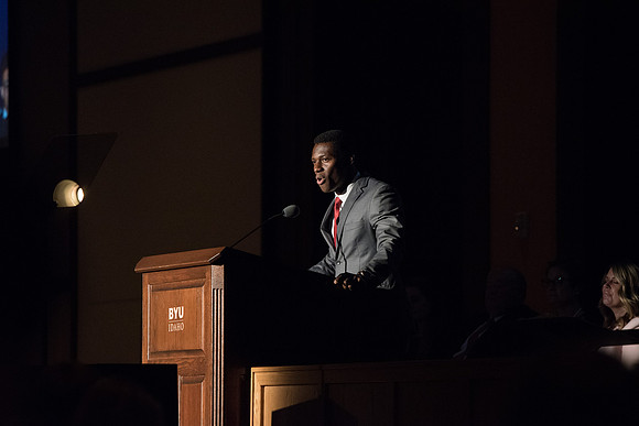 BYU-Idaho Devotional. Kenneth Ato Brown sharing a message before Mary Ann Birch, the guest speaker. Summer Session