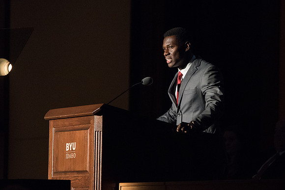 BYU-Idaho Devotional. Kenneth Ato Brown sharing a message before Mary Ann Birch, the guest speaker. Summer Session