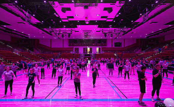 Students participate in the in the Fitness Kickoff in the John W. Heart Building.