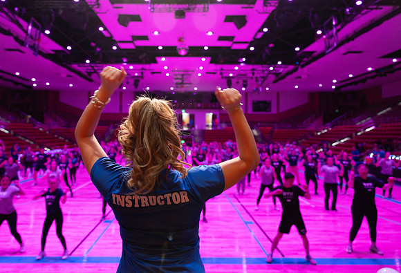 Students participate in the in the Fitness Kickoff in the John W. Heart Building.
