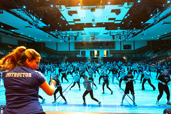 Students participate in the in the Fitness Kickoff in the John W. Heart Building.
