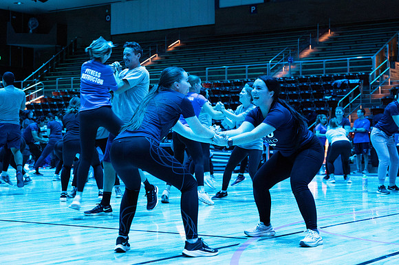 Students participate in the in the Fitness Kickoff in the John W. Heart Building.