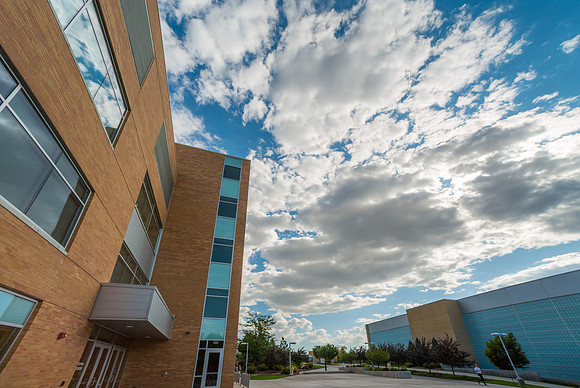 Hyrum Manwaring Student Center, BYU-Idaho campus. A beautiful summer day with some pillowy Stratocumulus Clouds.
