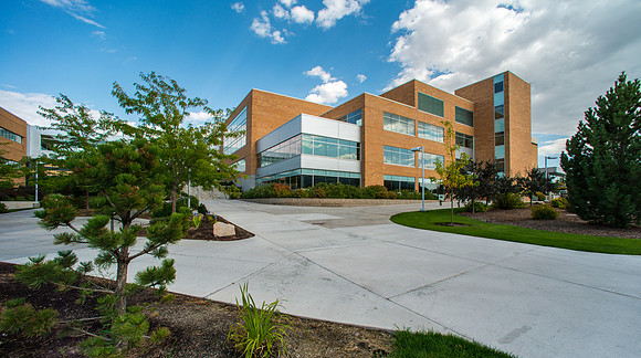 Hyrum Manwaring Student Center, BYU-Idaho campus. A beautiful summer day with some pillowy Stratocumulus Clouds.