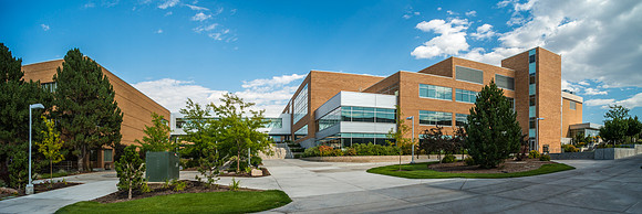 Hyrum Manwaring Student Center, BYU-Idaho campus. A beautiful summer day with some pillowy Stratocumulus Clouds.