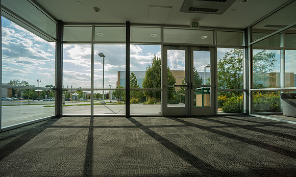 View out the windows of the Hyrum Manwaring Student Center, looking West towards the BYU-Idaho Center.