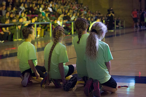 Jump Rope performers wait for their turn in the spotlight during the halftime entertainment.