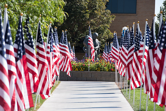 500 flags displayed in the Central Quad on Constitution Day.