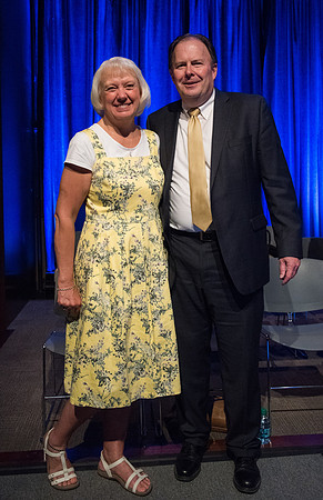 Roger Jackson poses with his wife for a photo after devotional held in the Manwaring Center Ballroom, Summer Session.