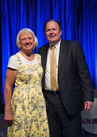 Roger Jackson poses with his wife for a photo after devotional held in the Manwaring Center Ballroom, Summer Session.