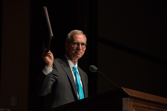 Kelly Burgner shows that he is ready to learn during devotional.