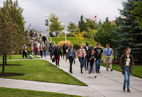 Students on their way to Devotional, Fall Semester.
