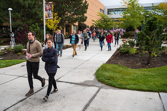 Students on their way to Devotional, Fall Semester.