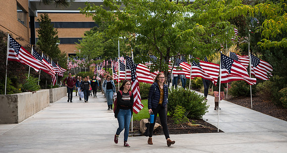 Students on their way to Devotional, Fall Semester.