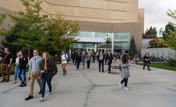 Students on their way to Devotional, Fall Semester.