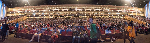The BYU-I Center fills with students watching the young adult broadcast by President Russel M. Nelson.