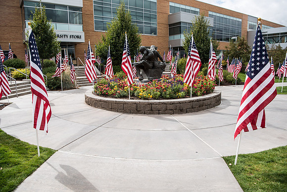 Flags decorate the Amphitheatre to celebrate the Constitution of the United States of America. Fall Semester.