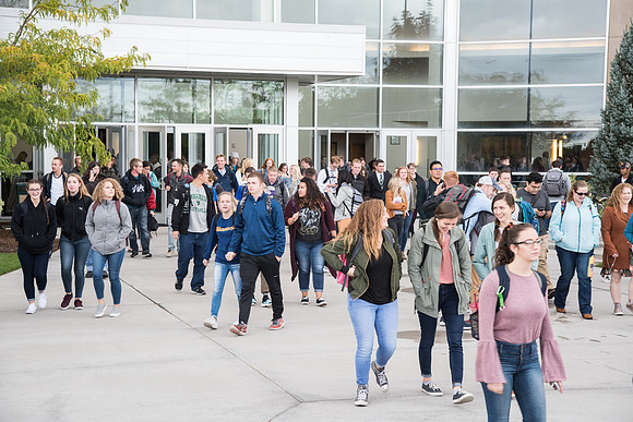 Students come out of the I-center after watching a live broadcast of President Nelson's address to the young adults of the church of Jesus Christ.