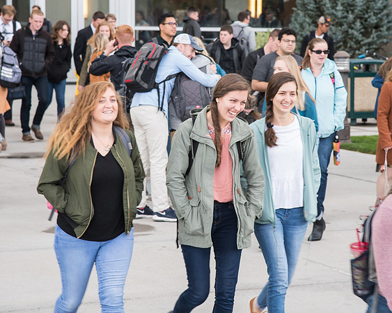 Students come out of the I-center after watching a live broadcast of President Nelson's address to the young adults of the church of Jesus Christ.