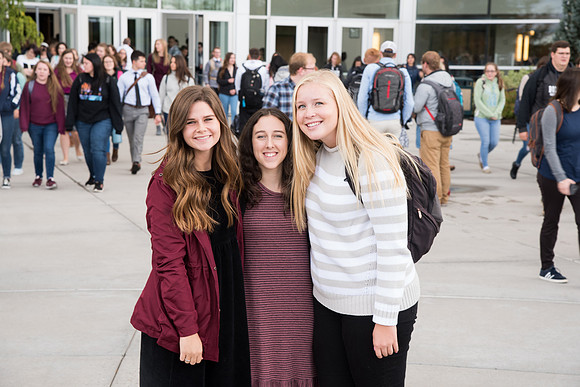 Students come out of the I-center after watching a live broadcast of President Nelson's address to the young adults of the church of Jesus Christ.
