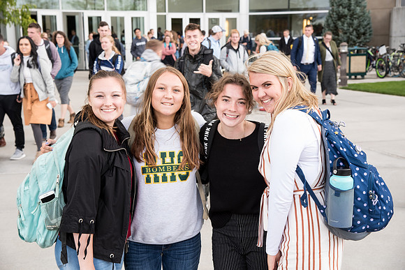 Students come out of the I-center after watching a live broadcast of President Nelson's address to the young adults of the church of Jesus Christ.
