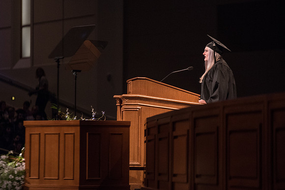 BYU-Idaho Graduation. Melanie Chantry sharing a Scripture during Commencement. Spring Semester