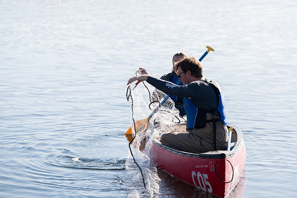 Students in the class of Principle of Fish Management,taught by Brother Billman, learn how to set gill nets to capture fish in the ponds at Sand Creek.