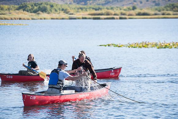 Students in the class of Principle of Fish Management,taught by Brother Billman, learn how to set gill nets to capture fish in the ponds at Sand Creek.