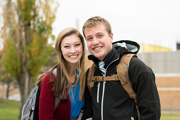 Alex McRae and Andriana Christensen walk on campus after Tuesdays Devotional.