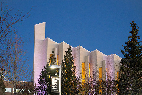 Campus buildings in blue hour.