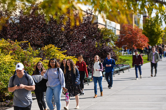 Students on their way to Devotional, Fall Semester.