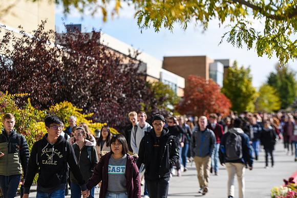 Students on their way to Devotional, Fall Semester.