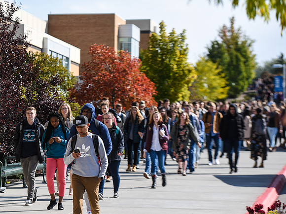 Students on their way to Devotional, Fall Semester.